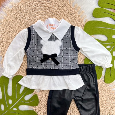 Conj. Camisa com Colete de Ursinho e Calça Legging Couro Ecológico - Branco e Preto